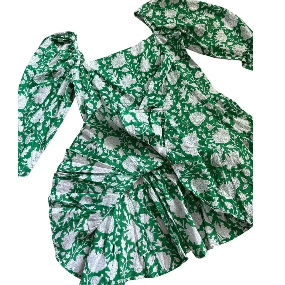Mille Resort Anais Belted Mini Hand Block Print Dress Green Zinnia Size‎ Small - Picture 7 of 12